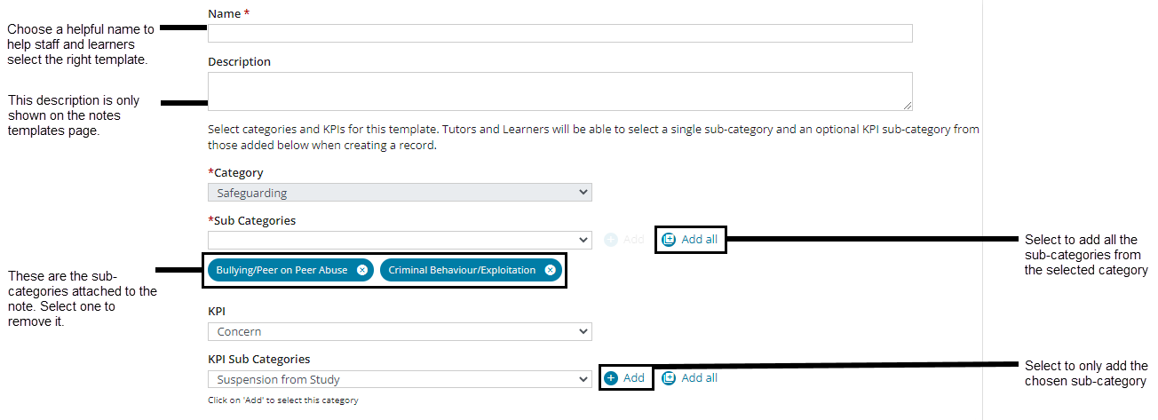 Screen shot of the first section of the note template. Name shown to all, description only on templates page, add all to add all sub-categories, add to add a single subcategory. Click on an added category to remove it